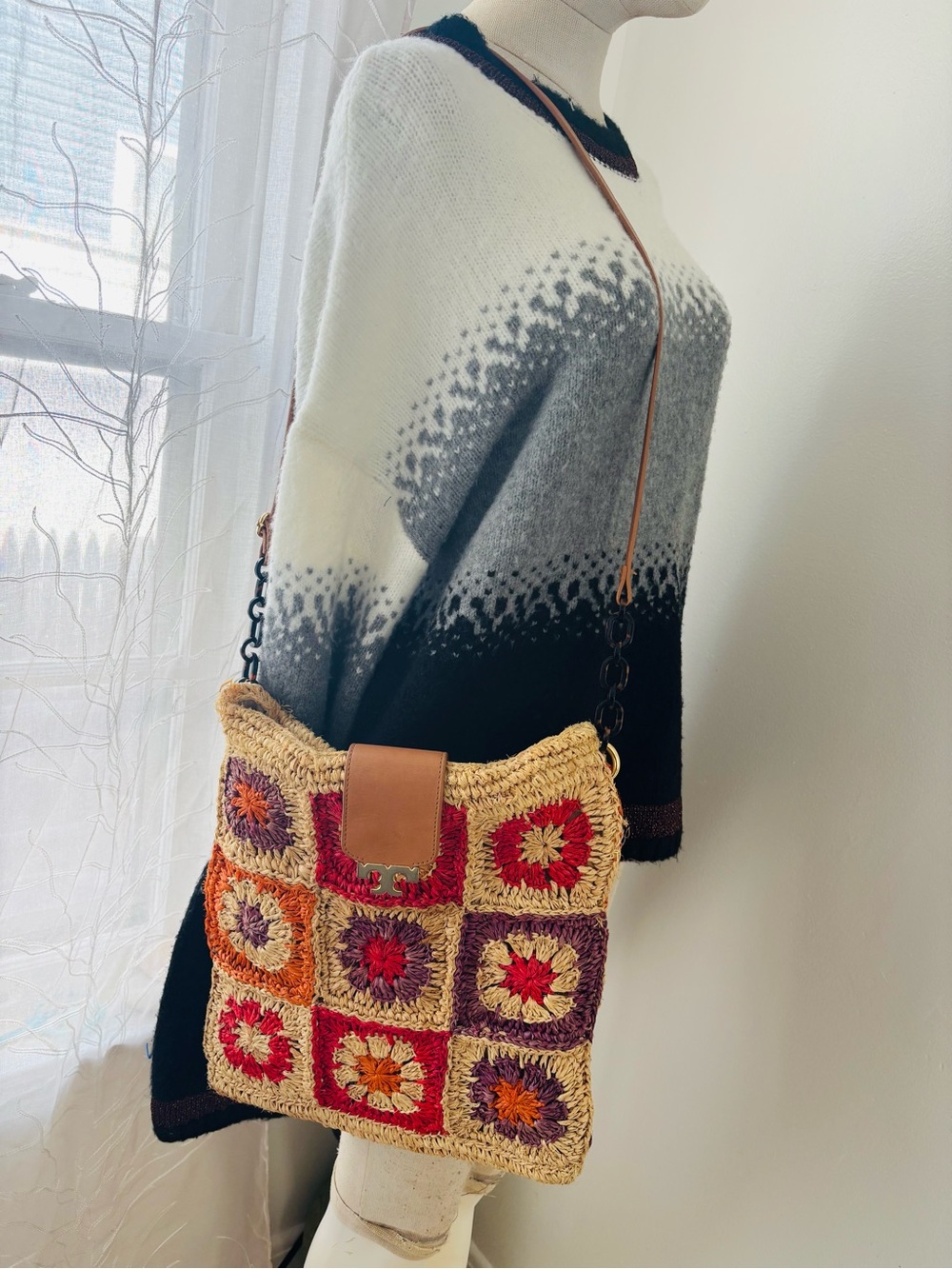 Tory Burch Multi-Color Crochet Square Crossbody with Tan Trim - Picture 3 of 10